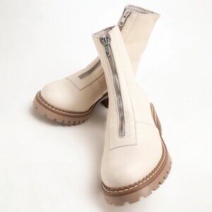 Bertucci Women’s Leather Ankle Boots Beige Lug Sole Zip-Up Made in Spain EU 39